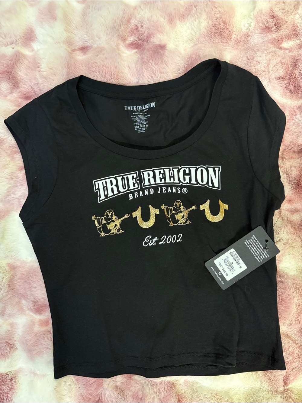 True Religion Black Crop Top with White Logo and Gold Accents